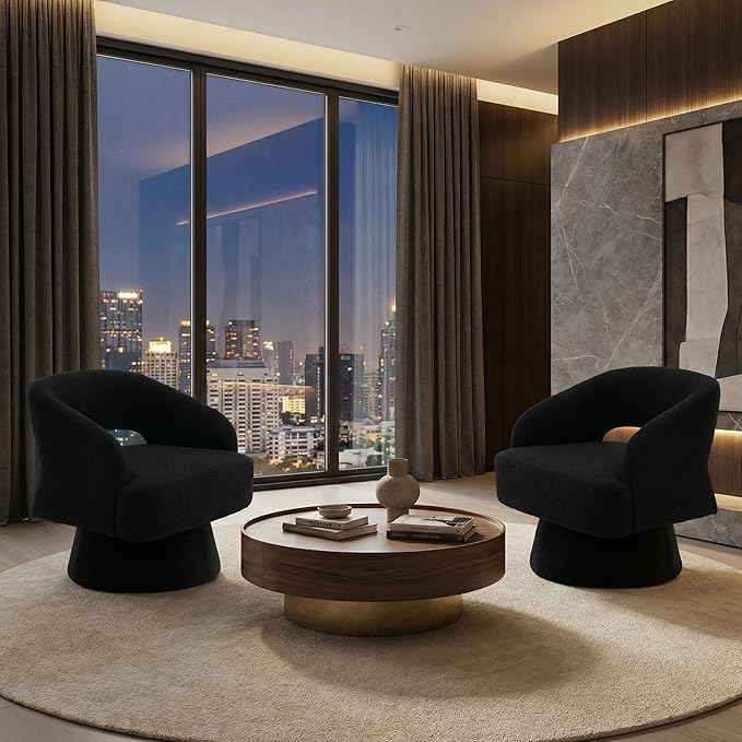 2Pcs Comfy Swivel Barrel Chair for Living Room - Modern Upholstered Accent Chair with Teddy Fleece Hollowed Back &amp 360° Swivel Base Small Round Chair for Bedroom Reading Nook Office Black