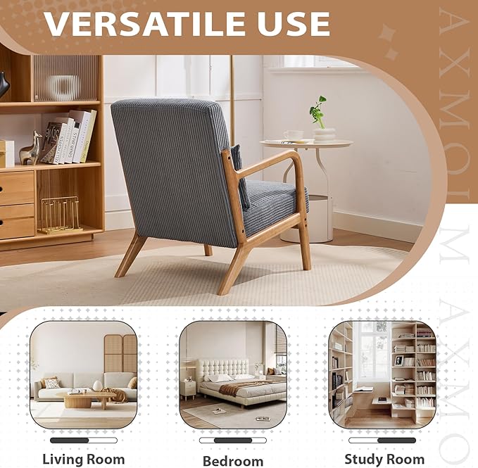 Mid-Century Modern Accent Chair Arm Chair Living Room Chairs with Pillow Upholstered Reading Chair with Solid Wood Frame &amp Corduroy Fabrics for Living Room Bedroom Balcony (Corduroy Dark Grey)