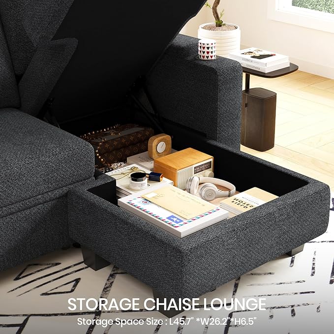 Belffin Sectional Storage Chaise Module for Modular Sectionals. Right-Facing Chaise. Dark Grey.