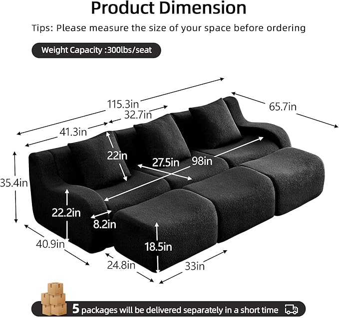 115.3'' Modular Sectional Sofa Boneless Couch U Shaped Sectional Couches for Living Room with Deep Seat and Ottoman Oversized 3-Seater Teddy Cloud Couch Sleeper Sofa Set No Assembly Black