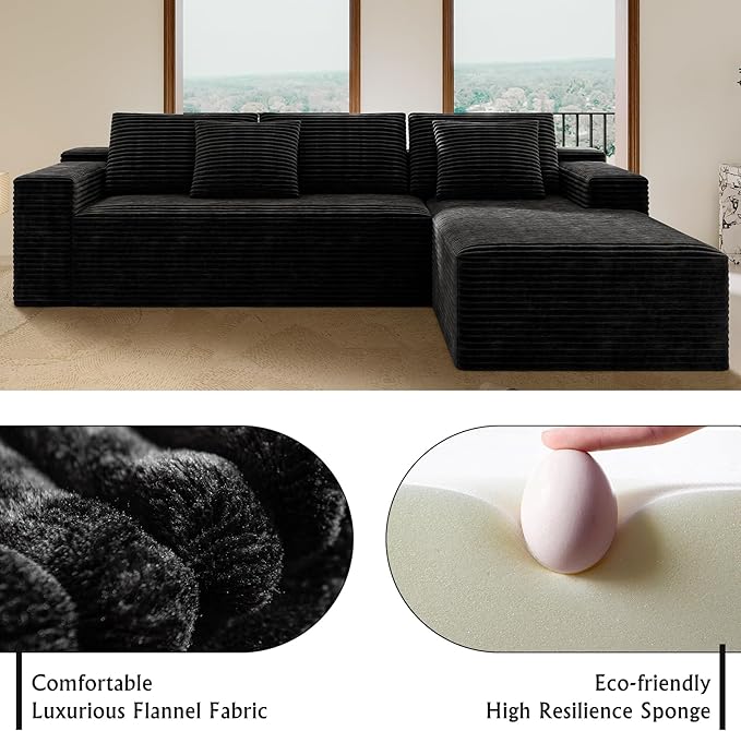 104'' Corduroy Boneless Couch for Living Room Modular Cloud Sectional Couches with Deep Seat Comfy Fluffy Sofas with L-Shaped ChaiseNo Assembly Required2PC Free Combination (Black)
