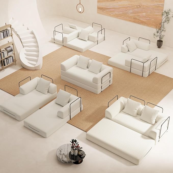Cloud Boneless Convertible Floor Sofa Bed 70 4-in-1 Foldable Compressed Loveseat Lounge Sleeper 2 Seater Couches High-Density Sponge &amp Corduroy Fabric Futon Daybed for Living Room Bedroom(Beige