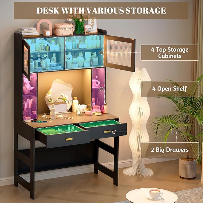 Vlsrka Home Office Desk with Hutch and Drawers 40 Computer Desk with Storage Shelves and LED Lights Modern Wooden Writing Study Table with Charging Station for Bedroom Black
