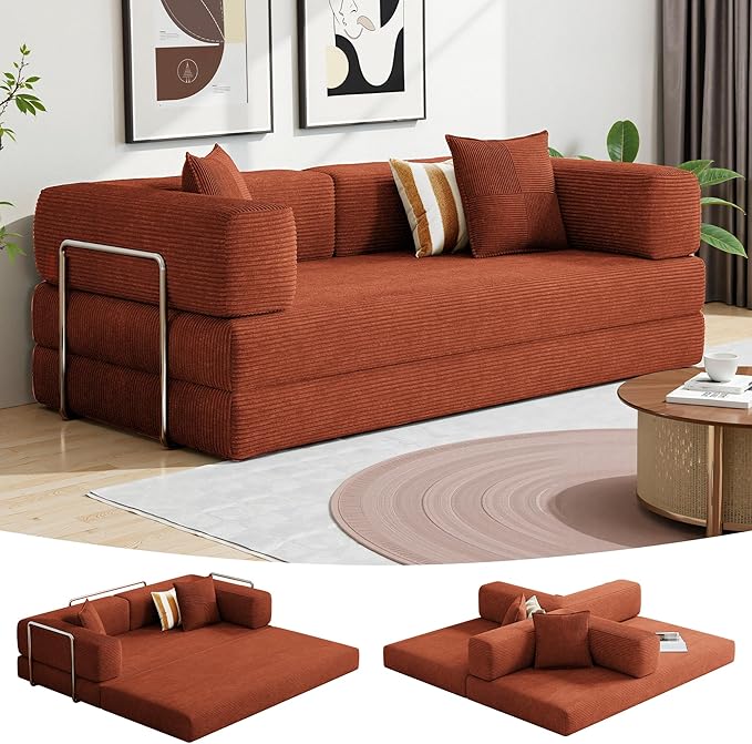 79 Convertible Floor Sofa BedCorduroy Sleeper Sofa with Side Pocket and Fixed-Shape Frame5-in-1 DIY Foldable Couch for Living RoomBedroom(Orange)