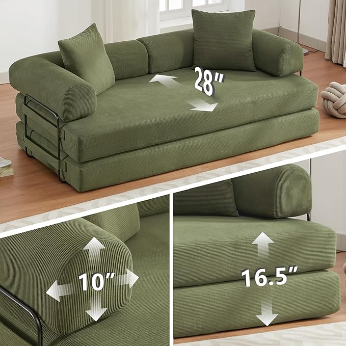 79 Convertible Folding Sofa Bed 4-in-1 DIY Combination Sleeper Sofa Bed Upholstered King Size Sleeper Couch Corduroy Floor SofaBed Boneless Couch for Living Room Bedroom Lounge (Green)