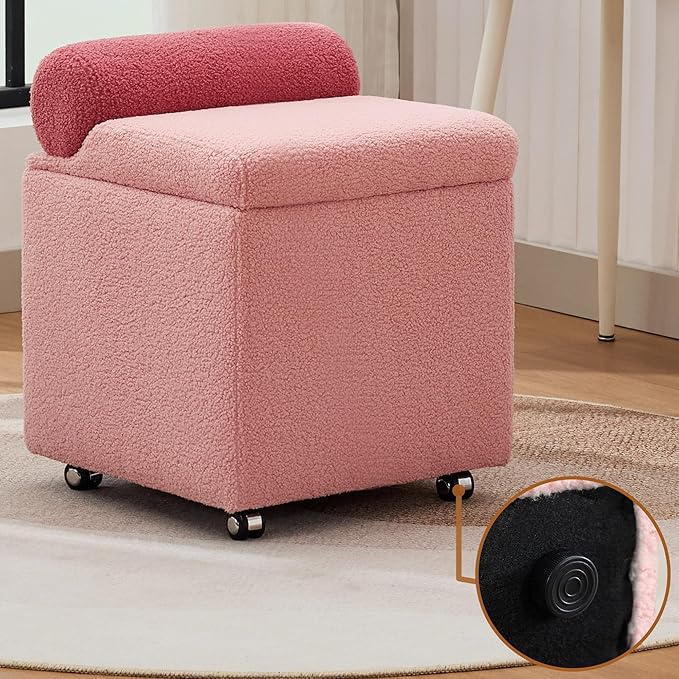 Boucle Vanity Chair with Storage Swivel Makeup Vanity Chair with Wheels &amp Safety Hinge Upholstered Vanity Stool Ottoman for Bedroom Dressing Room Pink