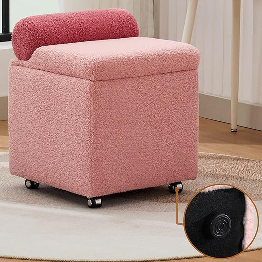 Boucle Vanity Chair with Storage Swivel Makeup Vanity Chair with Wheels &amp Safety Hinge Upholstered Vanity Stool Ottoman for Bedroom Dressing Room Pink