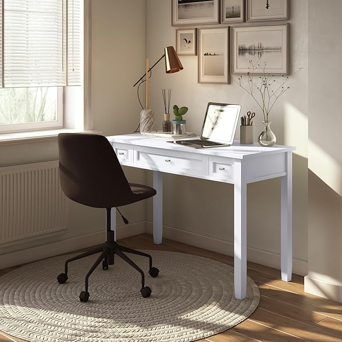 SIMPLIHOME Warm Shaker Desk - 48 Inch Wide Solid Wood Writing Desk in White Transitional Home Office Computer Table for Workspace or Study with Flip-Down Keyboard Tray and 2 Drawers