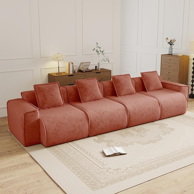 KEIKI 4Seat Modular Boneless Velvet Sofa Couch for Living Room Bedroom Studio Style Conscious Homeowners Luxurious Elegant Sophisticated Refined Design Stylish Design Red