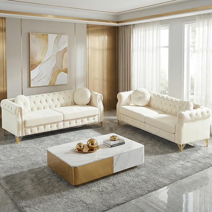2 Pieces Beige Velvet Chesterfield 82 3-Seater Sofa Sets with Two Pillows Featuring Copper Stud Detailing (Beige 2 Pieces 82 3-Seater Sofa Sets)