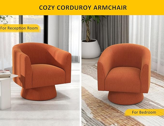 Swivel Accent Chair Modern 360° Barrel Chair Corduroy Upholstered Single Sofa for Living Room Bedroom(Orange)