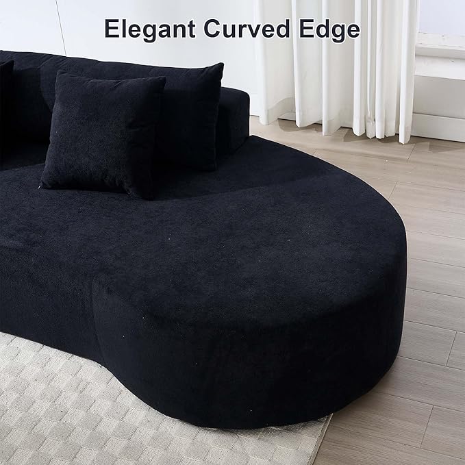 130.5” Oversized Curved Sectional Sofa Modern Cloud Curved Couch Boneless Compression Sofa with 3 Pillows for Living Room Apartment Office No Assembly Required Terrycloth Fabric Black