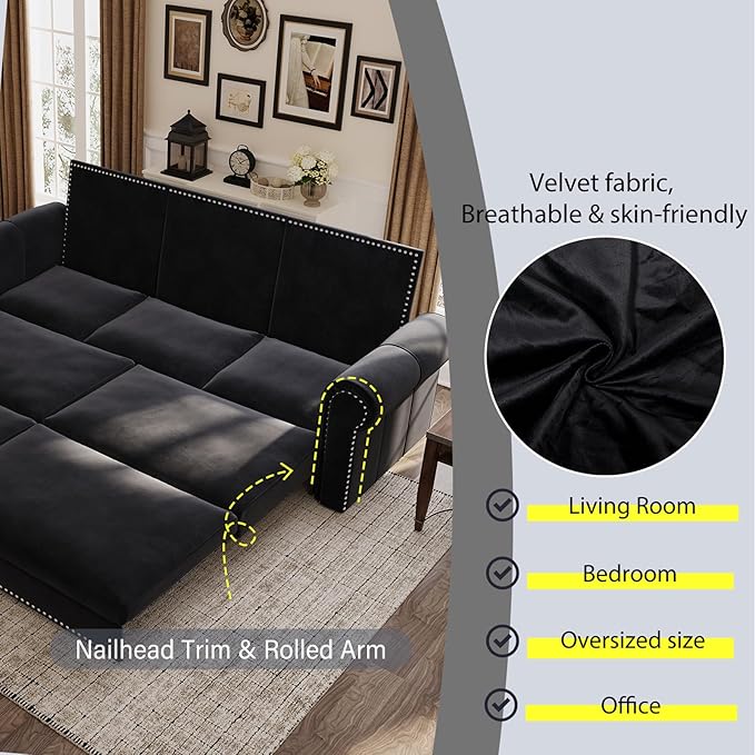 93.7 King Pull Out Sofa Bed Velvet Sleeper Sofa Couch 3 in 1 Convertible Futon Couches for Living Room Small Space Apartment Office Bedroom Modern Rivet Armrest