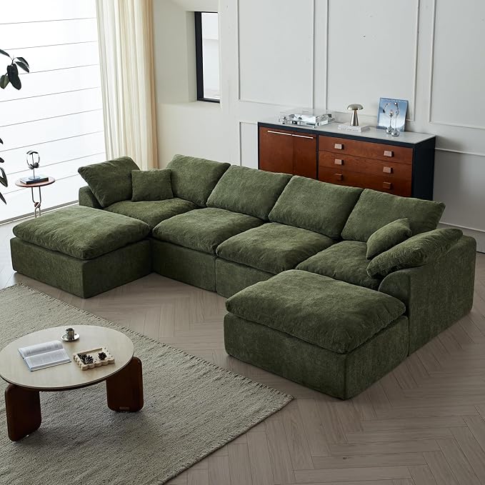 138 Cloud Sectional Couches for Living Room Convertible U-Shape Boneless Couch with Ottoman 6-Seater Compressed Sofa Modular Sectional Sofa (6-Seater Green)