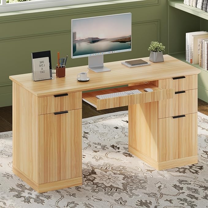 FURSUN 58 Executive Desk with Charging Station &amp File Drawer Modern Fluted Home Office Desk with 5 Drawers &amp Keyboard Tray Large Computer Writing Desk Natural Oak