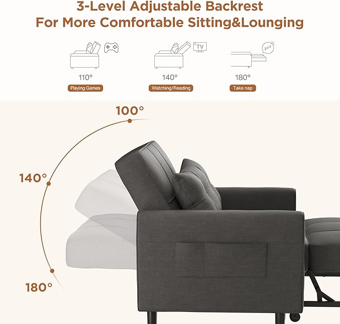 Aiho 34-Inch Sleeper Chair Bed 3-in-1 Convertible Sofa Bed with Adjustable Backrest for Living Room or Apartment (Dark Gray)
