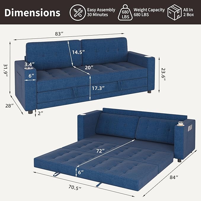 Upgraded Queen Size Futon Sofa Bed 83 Thick Upholstery Loveseat Sleeper Sofa Pull Out Couch Convertible Floor Couch for Bedroom/Entertainment Room/Apartment (Blue)