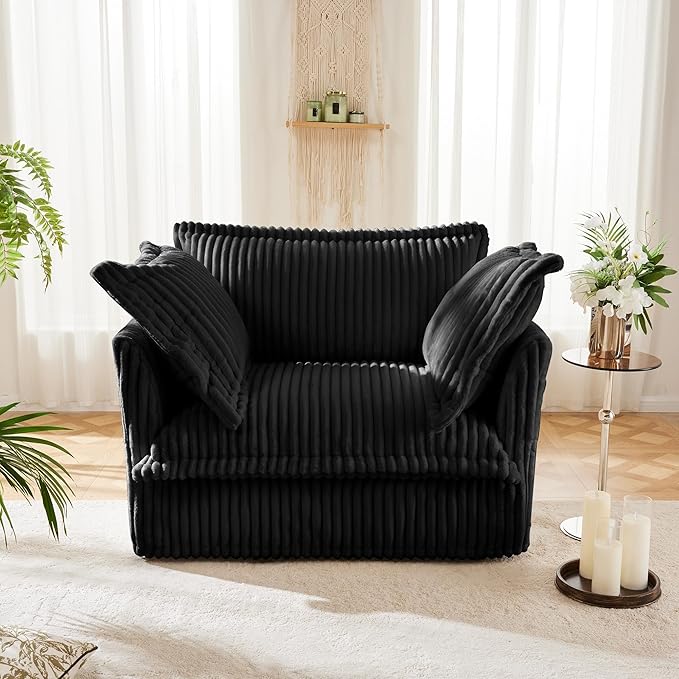 Modular Accent Armchair with Ottoman and Pillows Soft Corduroy Lounge Chair for Living Room Bedroom or Reading Nook – Oversized Chaise Lounge Design (Black Single Chair)
