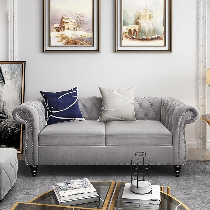 Chesterfield Loveseat Sofa Modern Velvet Small Sofa Couch 2 Seater with Rolled Arms and Nailhead Mid Century Modern Loveseat Couch for Small Spaces Living Room Bedroom Apartment Grey