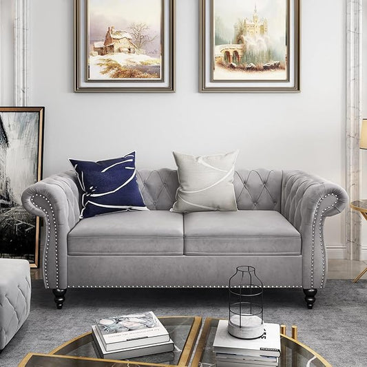 Chesterfield Loveseat Sofa Modern Velvet Small Sofa Couch 2 Seater with Rolled Arms and Nailhead Mid Century Modern Loveseat Couch for Small Spaces Living Room Bedroom Apartment Grey