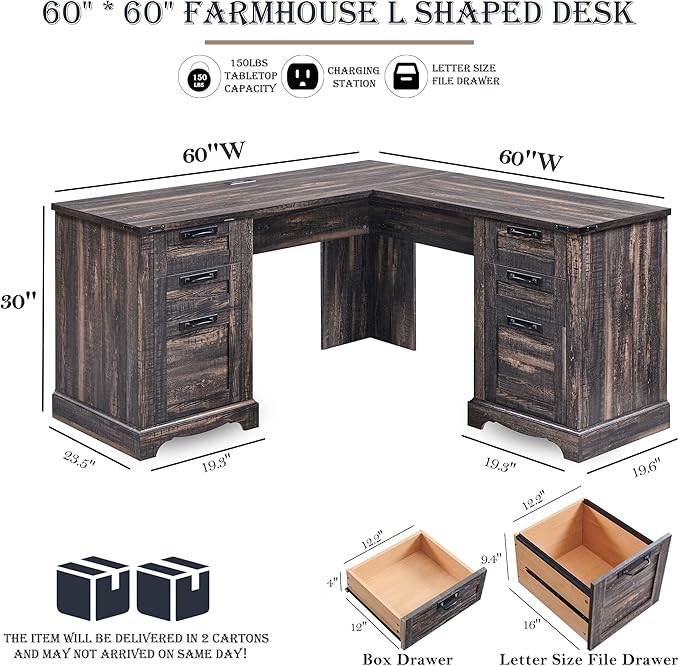 RedLemon 60 Farmhouse L Shaped Executive Desk with Drawers Wood Home Office Corner Desk with Charging Station File Drawer Storage Cabinet Rustic Computer Writing Desk (Dark Rustic Oak)