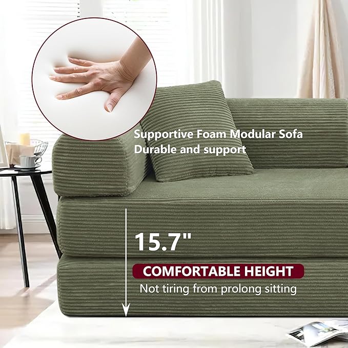 JJJ 78 inch Sofa Bed 4-in-1 Boneless Convertible Corduroy Sleeper Folding Couch with Fixed-Shape Frame and 2 Futons No Assemble Required 3 Seater Upholstered for Living Room (Light Green 78inch)