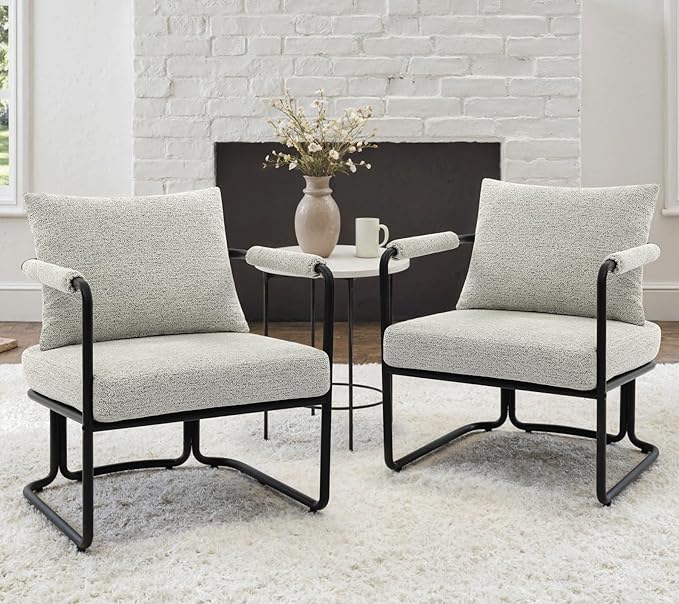 Accent Chairs Set of 2 for Living Room Mid Century Modern Upholstered Reading Armchairs for Bedroom Office with Comfy Chenille Cushion &amp Metal Frame Light Grey