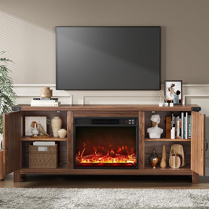YESHOMY Fireplace TV Stand with Two Barn Doors and Storage Cabinets for Televisions up to 65+ Inch Entertainment Center Console Table Media Furniture for Living Room 58 Inch Walnut