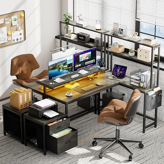 REAHOME 70 Inch L Shaped Desk with File Drawers and Reversible Storage Shelves Computer Desk with Power Outlet &amp LED Strip Home Office Desks Bookshelf Desk Writing Study Desk for Bedroom Grey