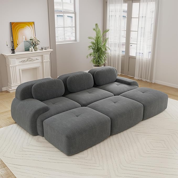 Boneless Sectional Couch No Assembly Required 117.3” Modular Cloud Sofa with Pillow and Ottoman Deep Seat Corduroy Couch for Living Room Bedroom Office Apartment