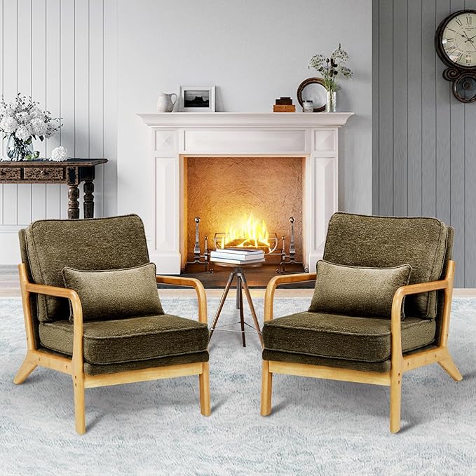 Modern Accent Chair with Lumbar Pillow Relaxing Mid Century Chair Armchair with Solid Wood Frame &amp Soft Cushion Reading Leisure Armchair for Living Room Green