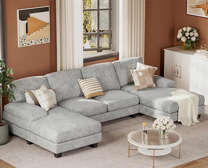 JUMMICO Sectional Couches for Living Room U Shaped Couch with Chenille Fabric 4 Seat Modern Sofa with Removable Pillows for Apartment and Small Space (Loop Yarn Pearl Gray)