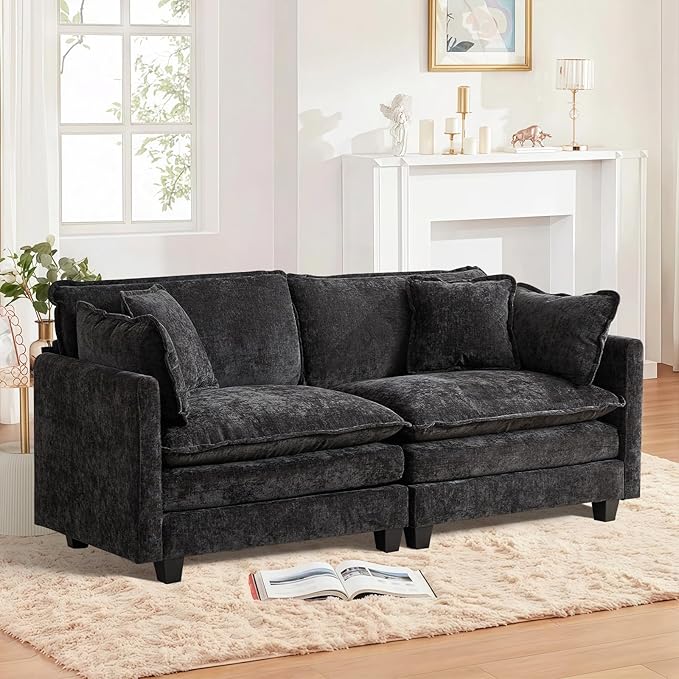 76.7” Modular Sectional Sofa Convertible Couches 2 Seater Chenille Deep Seat Cloud Couch Loveseat with Pillows for Living Room Apartment Office(Black)