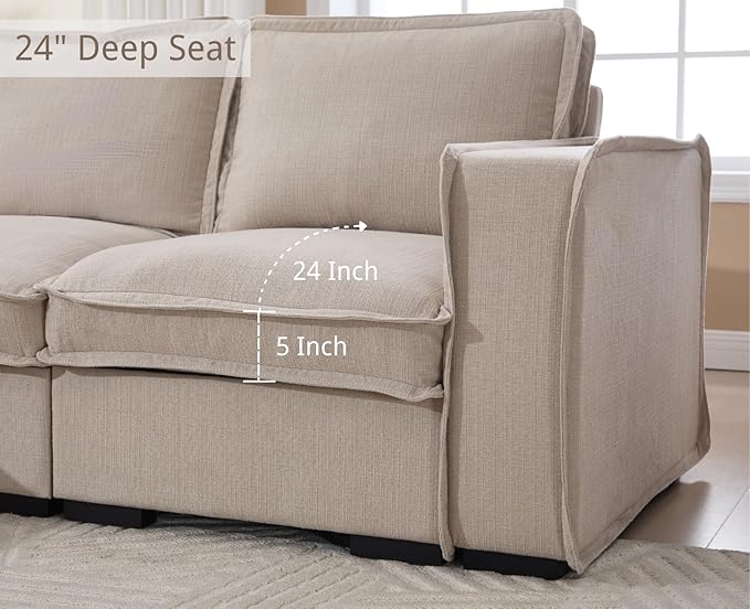 EALSON 93 Modular Sectional Sofa Modern Comfy 3-Seater Couch Sofa Linen Fabric Upholstered Cloud Couches with 24 Deep Seat and Wooden Legs for Bedroom/Living Room/Office Oatmeal