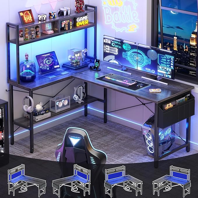 Aheaplus L Shaped Desk Gaming Desk 59 L Shaped Computer Desk with LED Light &amp Power Outlet Reversible Home Office Desk Gamer Desks with Shelves &amp Storage Bag &amp Hooks Corner PC Desk Bl