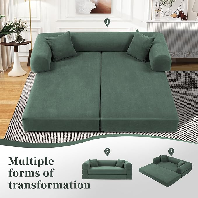KBQ 3-Seat Convertible Sleeper Sofa Bed with 2 Pillows Corduroy Folding Mattress Couch Floor Sofa Lounge Couch for Living Room Bedroom Lounge Studio Light Green