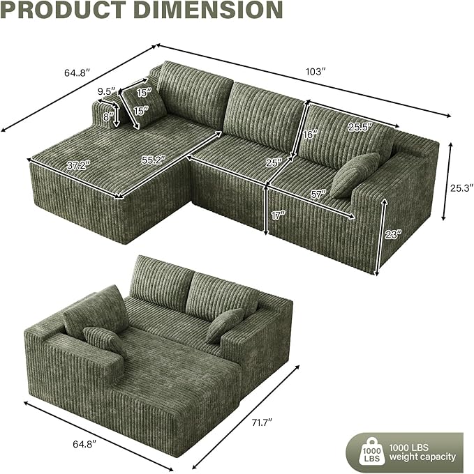 103 L Shaped Boneless Sectional Couches for Living Room Comfy Sectional Couches Deep Seat Modular Sofa Cloud Fluffy Couch with Left Facing Chaise No Assembly Needed Olive Green