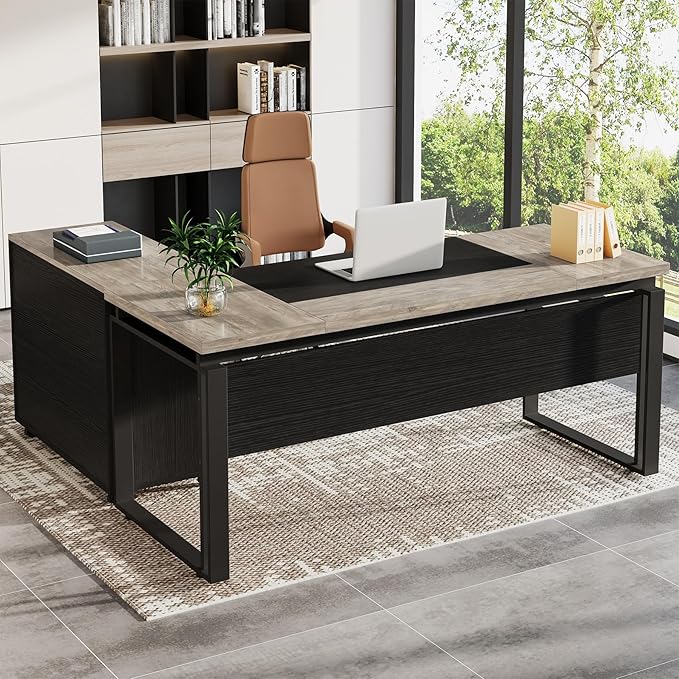Tribesigns L-Shaped Executive Desk with Reversible File Cabinet 63 Office Desk with Storage Drawers L-Shaped Computer Desk with Drawer Cabinet for Hanging Letter Size Files (Gray &amp Black)