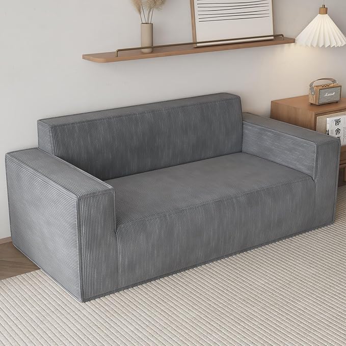 70 Grey Boneless Couches for Living Room Compressed Sofa Couch in a Box Corduroy Memory Foam Floor Couch for Adults Memory Foam Deep Seat No Assembly Required (Grey)