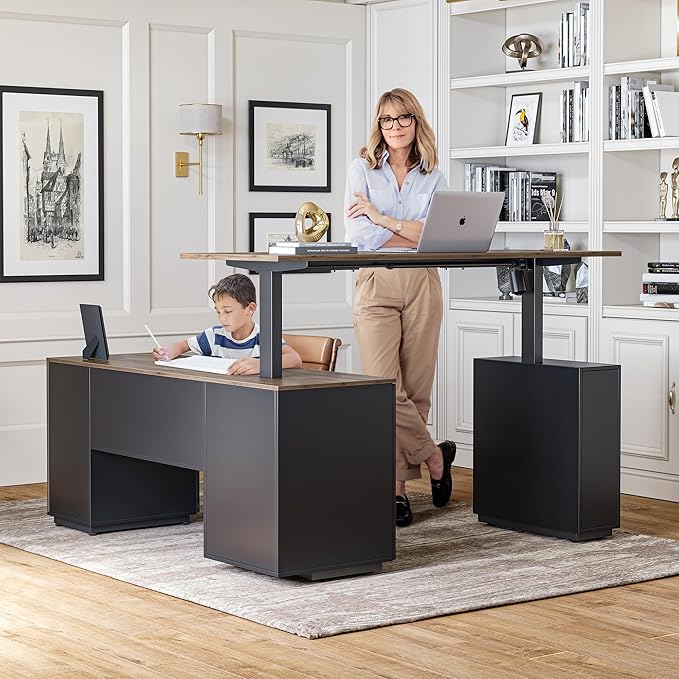 FEZIBO L Shaped Standing Desk 63 inch Executive Standing Desk Adjustable Height Desk with Storage Drawers for Home Office Deep Wood Grainy