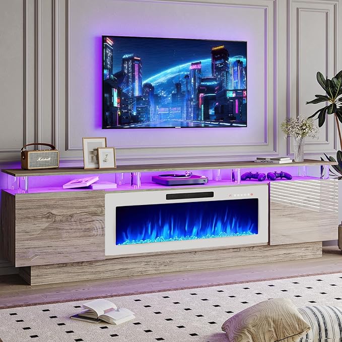 70 Modern Fireplace TV Stand with 36 Electric Fireplace for TVs Up to 80 inch Luxury LED Light Entertainment Center with High Gloss Cabinet (Grey with White Fireplace 70 (8 Acrylic Posts))