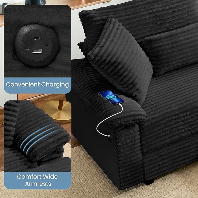 SUNWAVE 74 W Double Chaise Lounge Chair Indoor Oversized Loveseat with Storage Ottoman Corduroy Couch with USB Charging Removable Ottoman and Coffee Table Cushions for Living Room Bedroom