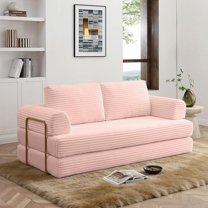 Convertible Sleeper Sofa Bed 79.5 Folding Floor Sofa Mattress Couch with Pillows Corduroy Futon Boneless Couch Lounge Loveseat with Pull Out Bed Pink