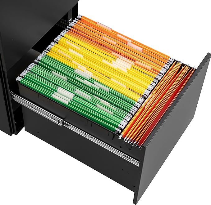 JULYFOX 2 Drawers Mobile File Cabinet W/Lock 27.2 inch Black Steel Filing Cabinet on Casters with 2 Keys Fully Extension Drawers Letter Legal A4 Size 300 lb Heavy Duty-Black