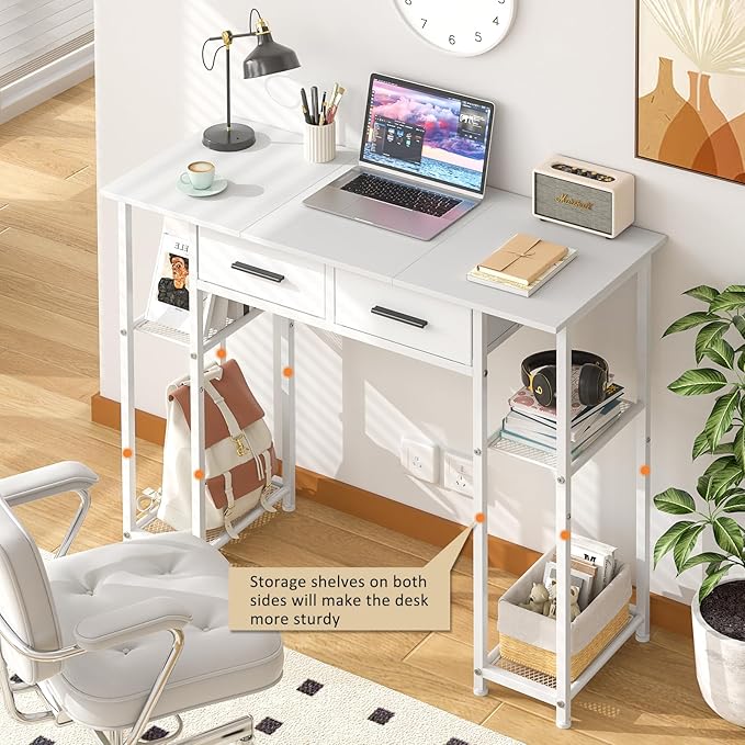 White Computer Desk with Drawers 37.3 Inch Home Office Work Desk with Storage Shelf Kids Teens Study Table for Small Space Small Writing PC Table for Bedroom Makeup Vanity Desk
