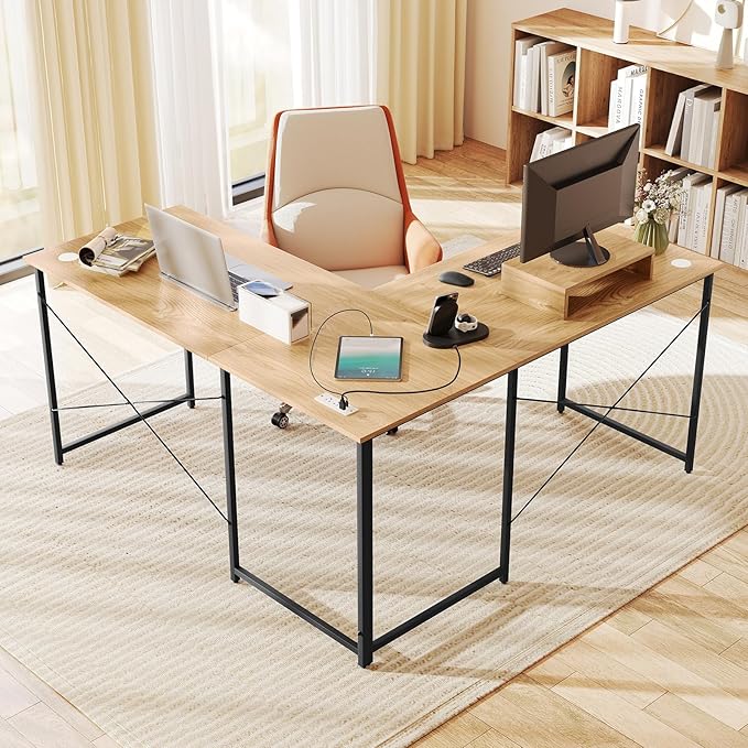 Tangkula L-Shaped Computer Desk with Power Outlets 95” Long 2-Person Desk with Monitor Shelf Modern Corner Desk Gaming Table with USB Ports for Home Office