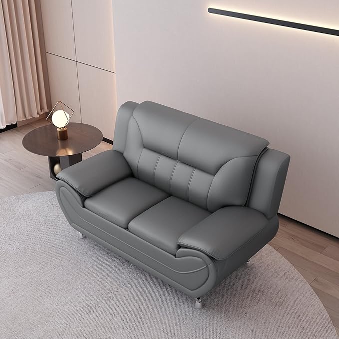Michael Modern Faux Leather Upholstered Stainless Steel Legs Living Room Loveseat Gray