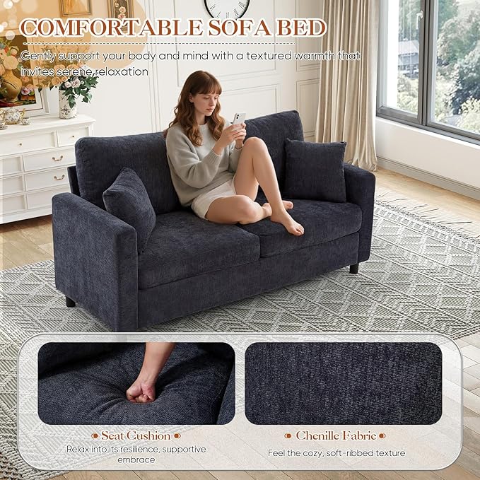 Antetek 72-inch Pull Out Sofa Bed with Mattress Convertible 2-in-1 Folding Full Size Chenille Futon Comfy Loveseat Sleeper Sofa Couch Bed with Square Arms for Guest Room Living Room Bedroom Grey