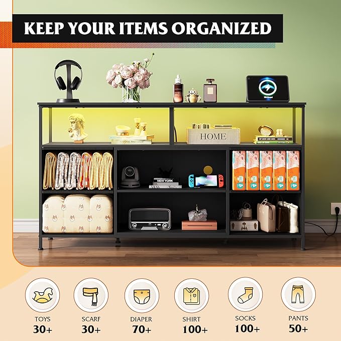 WLIVE TV Stand Dresser for 505560 inch TV Entertainment Center with LED Lights &amp Fabric Drawers Dresser TV Stand for Bedroom and Living Room with Open Shelves Black