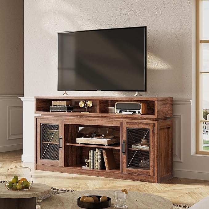 WLIVE Farmhouse TV Stand for TVs Up to 65 Inches Tall Entertainment Center with Storage Cabinets &amp LED Lights Media Console for Living Room Bedroom Home Theater Rustic Brown